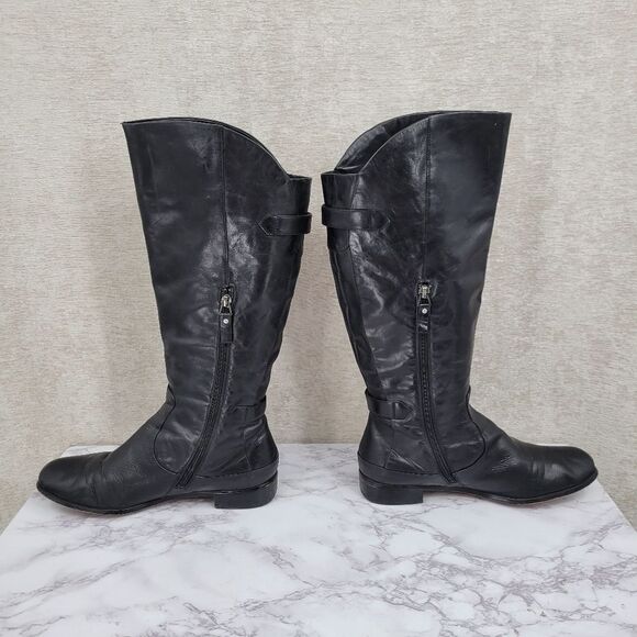 Modern Vintage Janet Black Knee High Tall Leather Riding Boots with Buckles - Picture 4 of 14